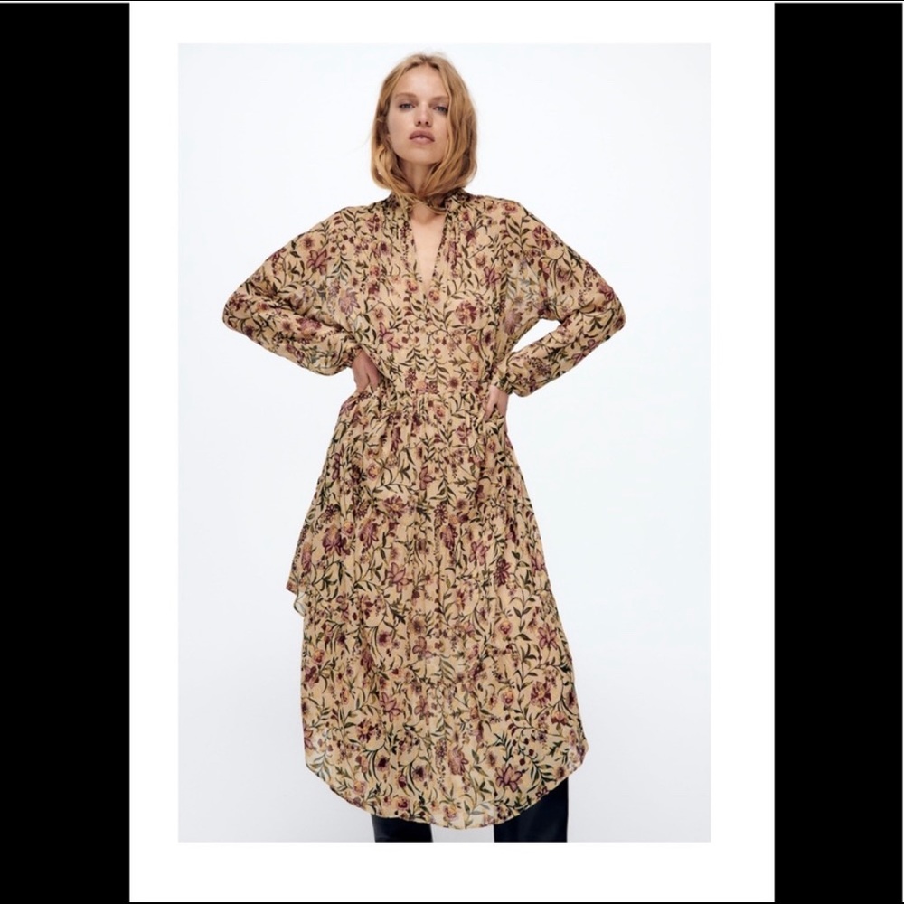 Zara NWT beige floral printed midi dress